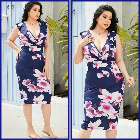 Lovely Rosetta Dresses & Skirts - Blue Plus Size Floral Surplice Neck Dress